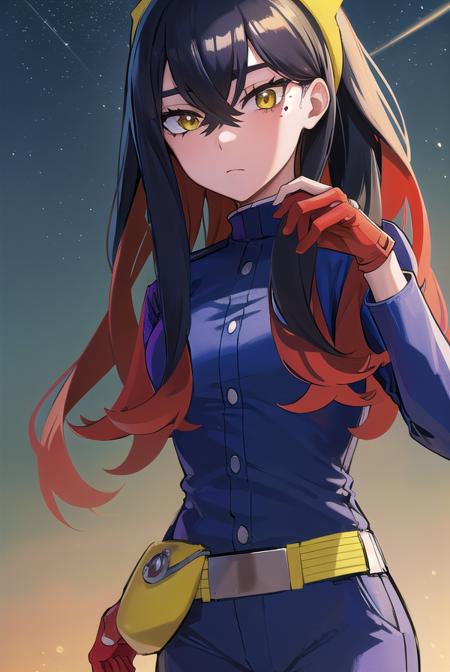 pokemoncarmine, black hair, colored inner hair, crossed bangs, hair between eyes, hairband, long hair, mole, mole under eye, multicolored hair, red hair, sidelocks, two-tone hair, (yellow eyes:1.5), yellow hairband, buttons, long sleeves, jacket, gloves, red gloves, pants, belt, blue pants, blue jacket,