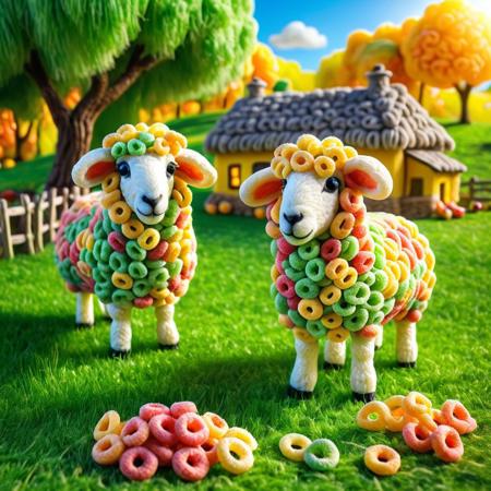 2 sheep, (((sheep hair made of fruit loops:1.2))), made of fruit loops, village grass land background, sunny weather, bright light, highly detailed, semi realistic,