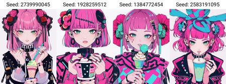 (masterpiece, best quality), 1girl, solo, jewelry, food, ice cream, pink hair, drinking straw, short hair, white background, looking at viewer, bangs, ear piercing, earrings, ring, piercing, simple background, upper body, cup, ice cream cone, hair ornament, nail polish, holding, blunt bangs, collar, jacket, parted lips, pink nails, colorful, long sleeves, green eyes, flower