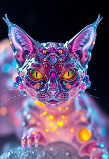 creature like a cat body made of glowing colorful gems and crystal,Alien Flora, water hydroforming, terraforming. Alien Flora, Miki Asai Macro photography, close-up, Miki Asai’s visual style is ethereal and dreamlike, capturing the beauty of nature in a delicate and poetic way, hyper detailed, trending on artstation, fantastic Realism and Sharp Focus, studio photo, intricate details, highly detailed, by greg rutkowski detailed face, detailed skin, reflection