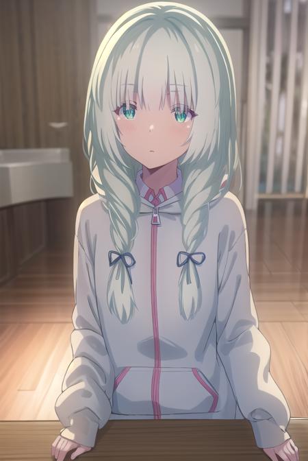 koharuootori, <lora:koharu ootori s1-lora-nochekaiser:1>,
koharu ootori, long hair, bangs, (green eyes:1.3), hair ribbon, braid, white hair, blue ribbon, hair over shoulder,
BREAK shirt, long sleeves, white shirt, collared shirt, hood, sleeves past wrists, hoodie, yellow jacket,
BREAK indoors, classroom,
BREAK looking at viewer,
BREAK <lyco:GoodHands-beta2:1>, (masterpiece:1.2), best quality, high resolution, unity 8k wallpaper, (illustration:0.8), (beautiful detailed eyes:1.6), extremely detailed face, perfect lighting, extremely detailed CG, (perfect hands, perfect anatomy),