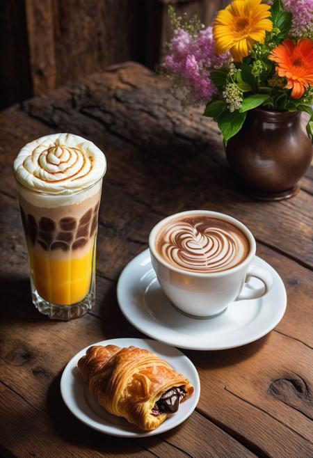 a delicious chocolate croissant, on a saucer, accompanied by a cappuccino, a freshly squeezed juice, served on a rustic wooden table, wonderful, tasty,background of a rustic wooden table,vase of flowers,art
