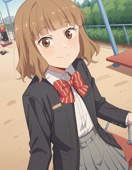 megu, bangs, brown hair, brown eyes, blunt bangs, medium hair, skirt, shirt, bow, school uniform, jacket, white shirt, pleated skirt, striped, collared shirt, bowtie, red bow, black jacket, blazer, grey skirt, striped bow