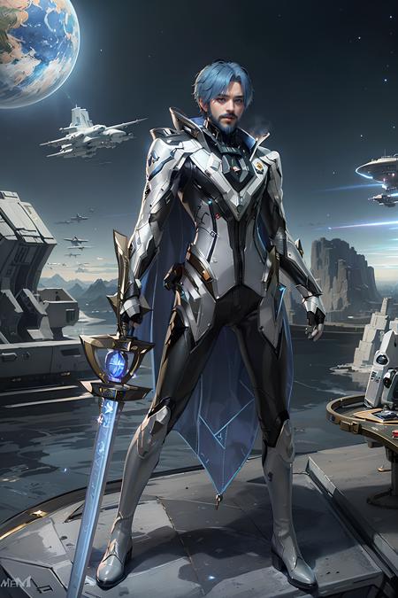 <lora:florentino_interstellar_council:0.5>, florentino_interstellar_council, looking at viewer, bangs, blue eyes, (1boy:1.2), closed mouth, blue hair, short hair, standing, male focus, cowboy shot, armor, shoulder armor, coat, ((facial hair)), gauntlets, (beard:1.2), mustache, long sleeves, jacket, weapon, boots, shiny, pants, black pants, cape, holding weapon, sword, white footwear, knee boots, outdoors, sky, day, cloud, wate, scenery, smoke, flying, science fiction, realistic, aircraft, space, vehicle focus, planet, spacecraft, military, cloudy sky, building, science fiction, city, realistic, aircraft, military vehicle, cityscape, spacecraft, earth