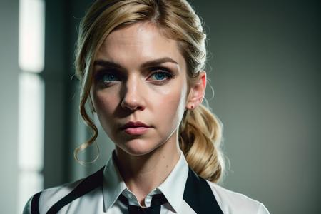 Kim Wexler, 8k, RAW photo, best quality, masterpiece, (realistic:1.2), indoor, black suit and white shirt, blue eyes, bright eyes, blonde hair, ponytail, portrait, <lora:kim_wexler:1>,