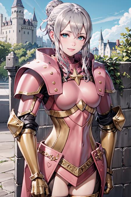 upper body,smile,<lora:effieV2-000014:0.9>,def_effie, pink breastplate,looking at viewer,glove,  shiny,armor, thighhighs, boots,shoulder armor, faulds,  poleyn,gauntlets, Rerebrace armored boots,pauldrons,castle gate,(masterpiece, best quality, ultra-detailed, best shadow)