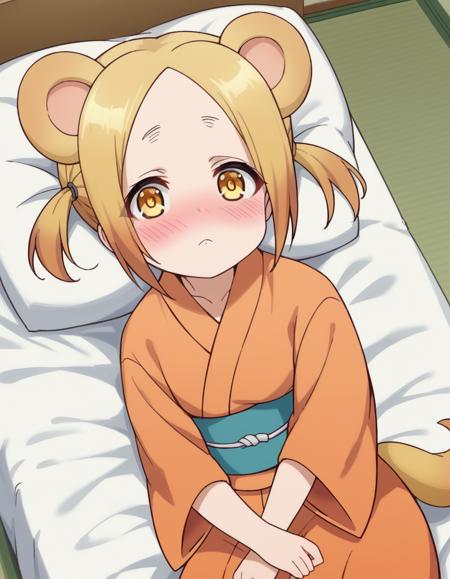 <lora:koyuzu-shigaraki-s1-ponyxl-lora-nochekaiser:1>, koyuzu shigaraki, short hair, blonde hair, animal ears, twintails, yellow eyes, tail, japanese clothes, kimono, sash, obi, orange kimono,