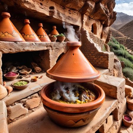 a mountainside kitchen carved into a cliff face, shelves filled with ancient tagines of all sizes, glazed in earthy hues from ochre to garnet, steam rising from a central hearth shaped like a massive clay pot, goats passing silently outside the window, Tagine