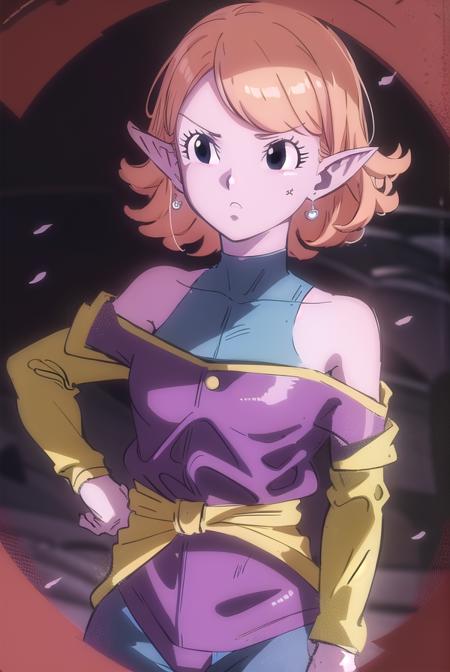 chronoa, bare shoulders, pointy ears, colored skin, pink hair, pink skin, (swept bangs:1.5), short hair, (black eyes:1.3), leotard, dress, purple dress, off shoulder, bare shoulders, detached sleeves, pants, blue pants,