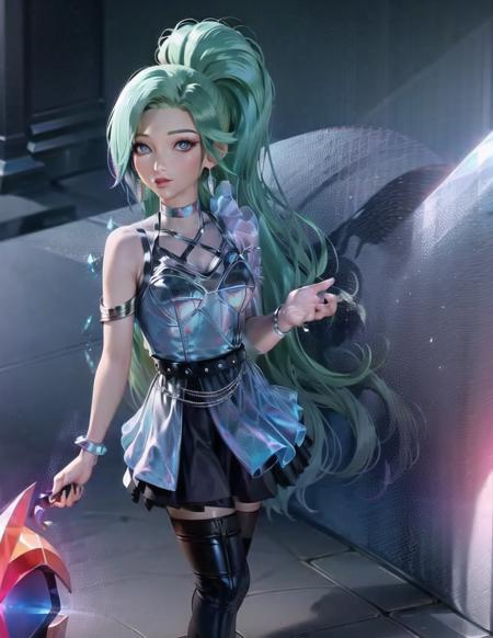 high detailed, 8k, highres, (k/da all out seraphine), league of legends, k/da \(league of legends\), cowboy shot, 1girl, solo, aqua hair, gradient hair, multicolored hair, blue eyes, lips, long hair, long ponytail, ponytail, earrings, jewelry, armlet, bracelet, choker, ice wings, blue dress, layered clothing, black skirt, single bare shoulder, thighhighs