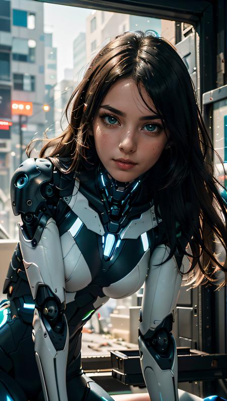 (best quality, masterpiece, colorful, dynamic angle, highest detailed)upper body photo, full body photo, fashion photography of cute  1girl, mechanical arms, cyborg, dark mood, dystopia, glowing, looking at viewer, sitting, long hair, bokeh (intricate details, hyperdetailed:1.15), detailed, light passing through hair, (official art, extreme detailed, highest detailed),