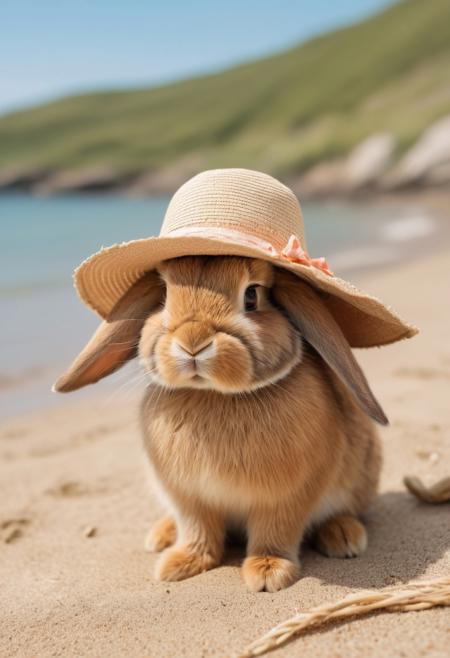 A close-up photo of an adorable brown rabbit sitting on the beachside, wearing a sunhat with soft, fluffy ear flaps. The rabbit looks content and snug, with the summer landscape blurred in the background, creating a charming and warm contrast between the sunny environment and the lovely appearance of the bunny. The hat adds a cute and whimsical touch to the scene, making it perfect for a summer-themed setting.