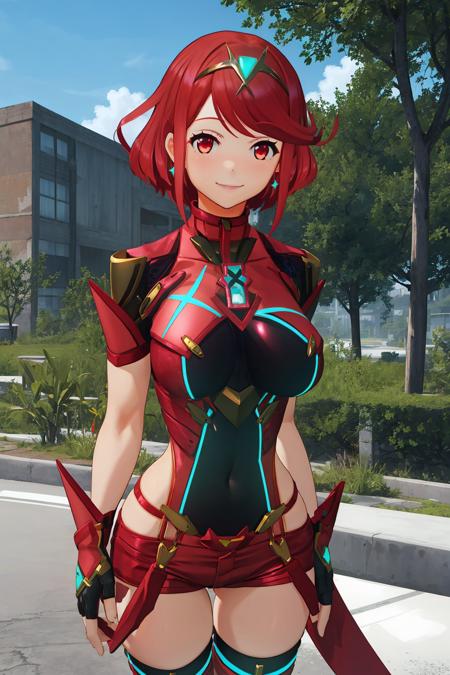 smile,;d,
<lora:å¼åç°1Ve:0.7>,1girl,red hair,red eyes,earrings,short hair,swept bangs,tiara,gem,sidelocks,floating hair,fingerless gloves,chest jewel,large breasts,shoulder armor,skindentation,covered navel,gem,red armor,leotard,framed breasts,neon trim,scarf,turtleneck,red shorts,red short shorts,red thighhighs,, Exquisite visuals, high-definition,masterpiece,best quality,, Exquisite visuals,high-definition,masterpiece,best quality,18yo,Young female,Beautiful Fingers,Beautiful long legs,Beautiful body,Beautiful character design,white panties,