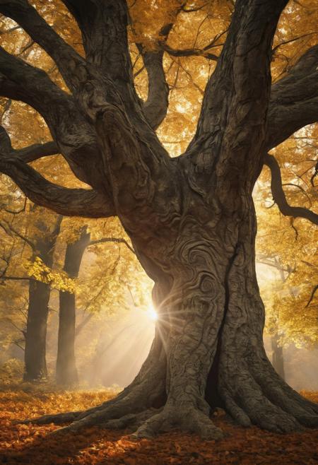 Ancient sacred tree in forest in shape of a woman, opening into tree, sunlight, godrays, , dynamic angle, warm hues, realistic, photorealism, hd, 8k, high definition, BREAK, score_9, score_8_up, score_7_up, score_6_up