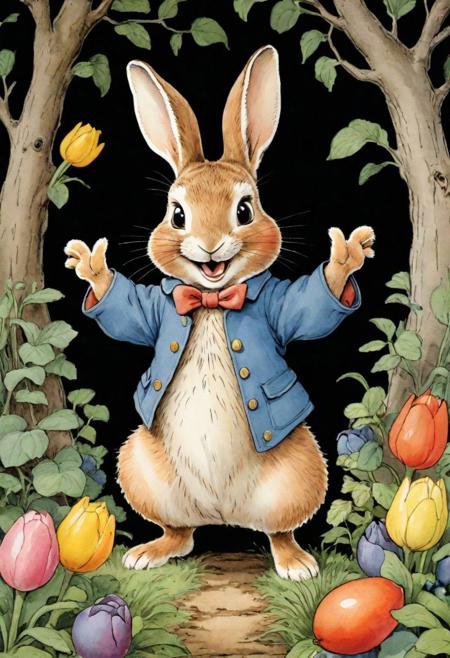 minimalist painting, pen and ink sketch, colorful,
black background, Peter Rabbit, happy face expression, action-packed, by Beatrix Potter, elaborate, masterpiece, detailed