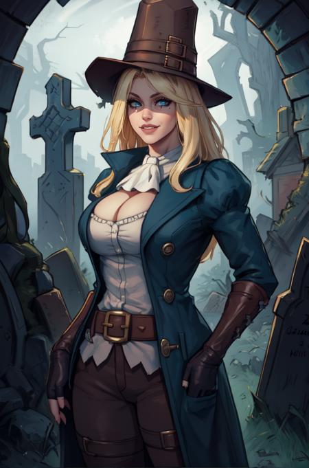 GrveRbber, blond hair, smile,  blue eyes,  
top hat, coat, pants, fingerless gloves, belt, ascot, 
standing, upper body,   hands in pockets, cleavage cutout,  
woods, dark,  graveyard, darkest dungeon, 
(insanely detailed, beautiful detailed face, masterpiece, best quality) 
 <lora:GraveRobber-10:0.7>