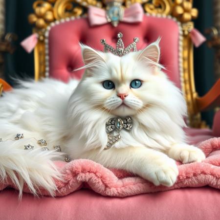 Reigning with serene grace, a magnificent white Persian purebred long-haired cat, adorned with a resplendent diamond collar, exudes royal elegance as it reclines on a plush pink blanket. The creature's luxurious long fur and piercing blue eyes command respect and admiration, embodying the essence of feline nobility amidst the opulent setting suggestive of a throne room fit for pet royals. Velvet, pearls, bows, opulent, lavish