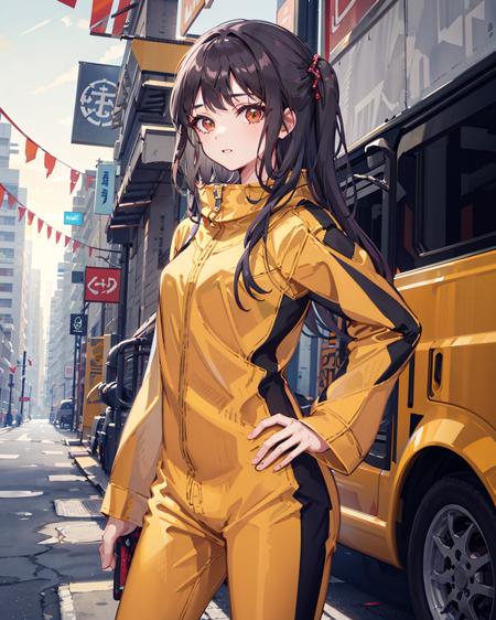 1girl,solo,bruceleejumpsuit, <lora:BruceLee's_JumpsuitV1[bruceleejumpsuit]:1>, black_hair,long_hair, hand on hip, outdoors,cityscape, cowboy shot,