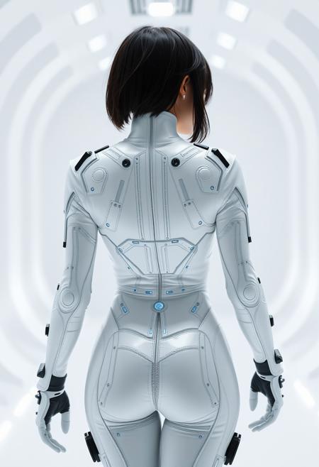 (from behind), a woman in a white metallic full Sci-fi outfit, ((with intricate cybernetic details with small blue lights and black parts)), wide hips, short torso, black hair, walking, ((inside a white environment)), focussed composition, 4k, fine details, (soft contrast), shot with a Zeiss Otus 55 mm lens F/1.4