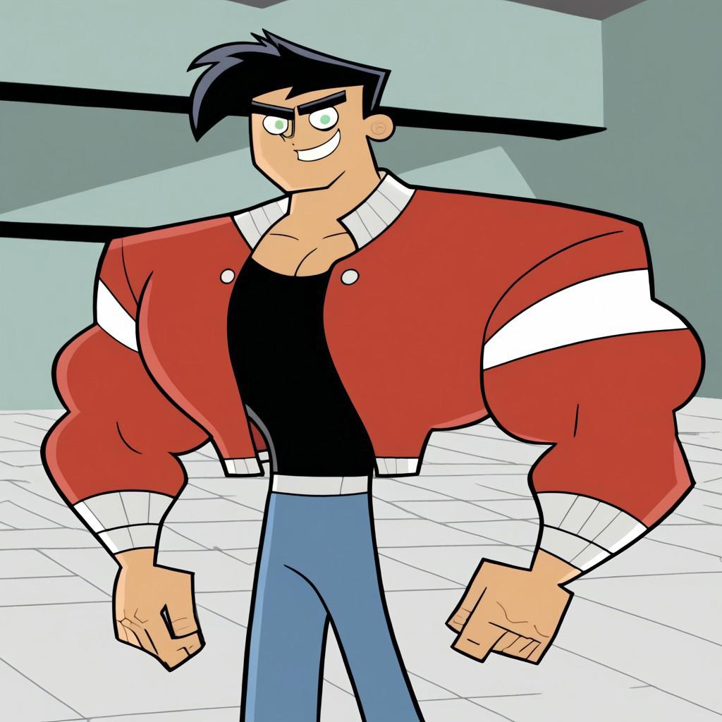 danny fenton,black hair,short hair,muscular, muscular male,confident smile,open red varsity jacket, white sleeves, black undershirt,blue jeans