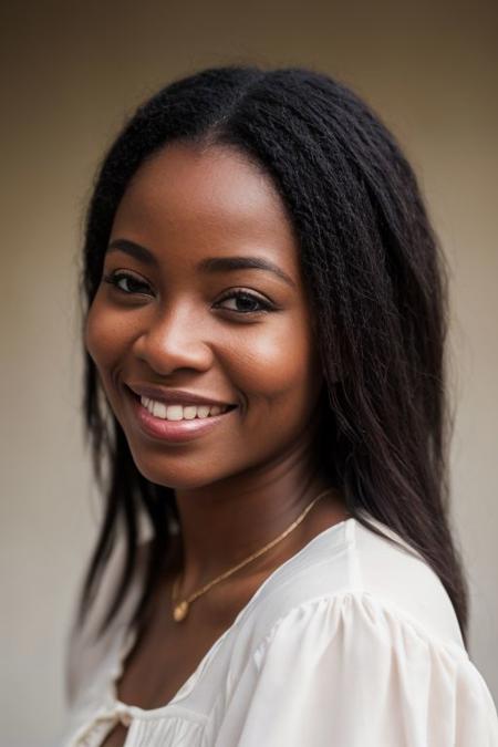 <lora:ATKKatja:0.8>, full color portrait of a african woman, wearing a blouse, shy smile, natural light, RAW photo, subject, 8k uhd, dslr, soft lighting, high quality, film grain, Fujifilm XT3
