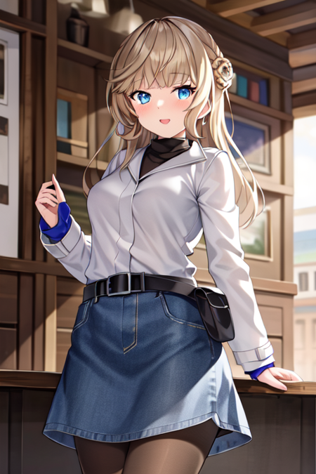 rangerKC, 1girl, solo, long hair, dress, braid, short sleeves, pantyhose, white gloves, hair bun, blue necktie, double bun,  two-tone dress, 