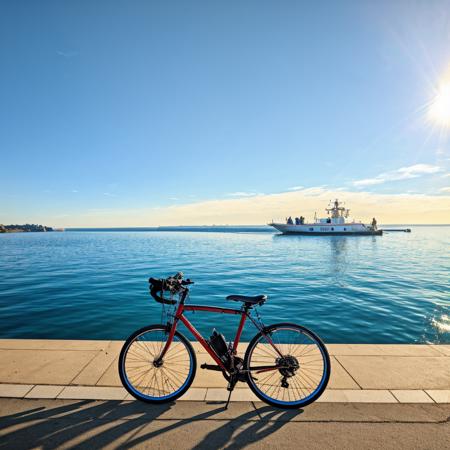 photograph,(perfect bicycle),building, city, path, sea, fishing boat, Fujifilm XT3, Depth of field 100mm, art by P. Horst,masterpiece, best render, high res, best resolution, 4k, 8k, super great render, ((photorealistic)), great colors, <lora:Bike_trip-000006:0.8> 1girl,