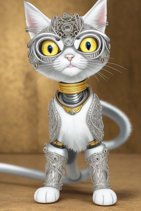 a cute kitten made out of metal, (cyborg:1.1), ([tail | detailed wire]:1.3), (intricate details), hdr, (intricate details, hyperdetailed:1.2), cinematic shot, vignette, centered