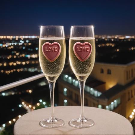 A pair of champagne flutes, one filled with ais-heartz, on a balcony overlooking a city at night. <lora:Love_Hearts_SDXL:1>, 4k, uhd,masterpiece