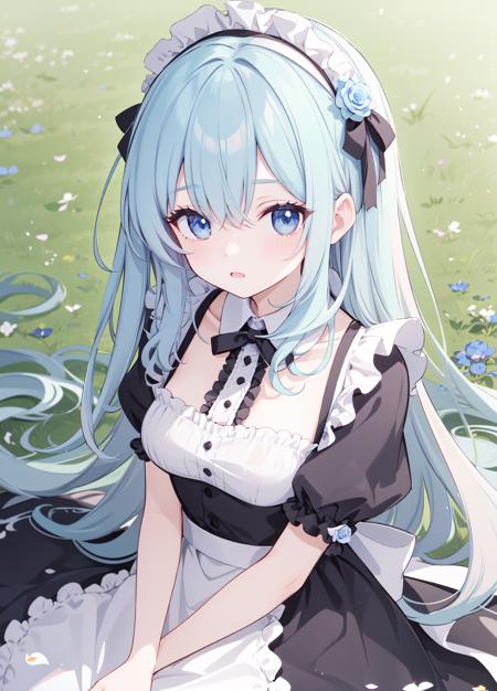 (light blue hair),(blue eyes),long hair,bangs,medium breasts,
maid apron,maid,
holding flower,sitting,flower wreath,
upper body,
outdoors,falling petals,on grass,flower field,blue rose,
from above,
<lora:clearcolor_v1.7_lbw:1>,