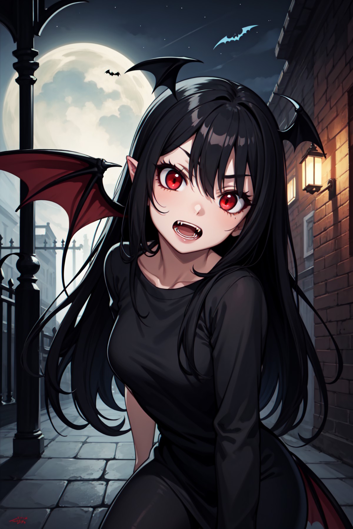 masterpiece, best quality, 1girl, face focus, long black hair, red eyes, fangs, open mouth, bat wings, haunted courtyard, ...