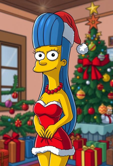 detailed, The simpsons comic by Croc, 1girl, m_s, Marge, solo, tall beehive hairstyle, round eyes with black pupils, black eyes, perfect tight breasts, Expressiveh, red pearl necklace, blue hair, yellow skin, sexiest pic on earth, perfect woman, goddess alive, marge perfect body, skindentation, showing boobs, dress pulled down to waist, christmas minidress, christmas, santa hat, santa costume, standing, sexy pose, adult pose, teasing, ((horny expression 0.2)), , front view, indoors, christmas tree, presents, small color light on christmas tree, christmas ornaments, sun-ray, depth of field, from above, upper body, detailed background, sharp background, master piece, Good color composition, great quality, (((perfect face))), ((perfect eyes)), perfect hands,