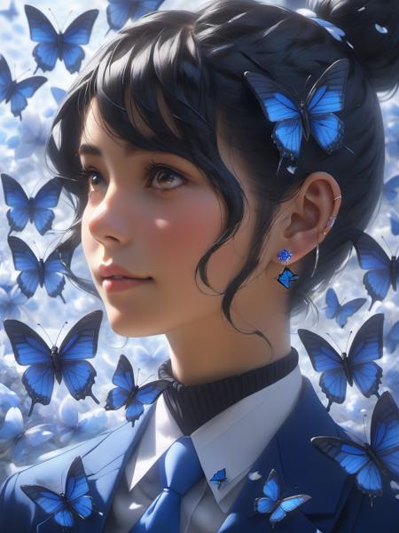 BJ_Teenage_Fantasy, 1girl, solo, short_hair, shirt, black_hair, brown_eyes, jewelry, closed_mouth, earrings, necktie, hair_bun, lips, watermark, looking_away, piercing, single_hair_bun, bug, butterfly, portrait, web_address, blue_necktie, nose, blue_butterfly, blinds,
Anime,8k,intricate,highly detailed,masterpiece,sidelighting,finely detailed beautiful eyes,hdr,realistic,high definition,
<lora:Teenage_Fantasy_SDTX_test1:0.7>,