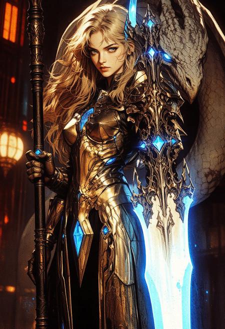 a futuristic, cyberpunk-styled female warrior. She stands in the center of the image, exuding a commanding presence. Her skin is pale and her long, flowing golden hair contrasts starkly with the dark, gold armor that covers her body. The armor is intricately detailed with sharp, angular lines and glowing diamond , particularly around her right arm, which emits a vibrant, ethereal blue light.
She wields a large, double-headed scythe that is almost as tall as she is. The scythe has a metallic sheen, with one blade being a sharp, white, almost crystalline material, and the other blade emitting a similar blue glow. Her expression is intense and focused, with piercing blue eyes that match the glow from her arm.
Behind her, a massive, serpentine dragon with a similarly pale, almost white, scales is coiled protectively. The dragon's eyes are glowing blue, matching her arm and adding to the overall mystical and powerful aura of the scene. The background is a dark, industrial setting with blurred, metallic structures and neon lights, enhancing the cyberpunk feel. The artwork is highly detailed and rendered in a realistic yet fantastical style, typical of high-quality digital art.