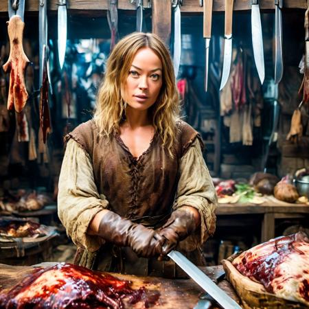 highly detailed candid photo of olivia wilde as a medieval butcher:1.2,


1girl long hair, blonde hair, blue eyes, holding, knife, brown gloves, blood, scar,


masterpiece, best quality:1.1, realistic:1.3,
back lighting:1.2, dark medieval abattoir,

ultra photoreal, photorealistic:1.0, sharp focus:1.1, 
depth of field:1.1, 

50mm, style of Nathan Wirth, Hasselblad X1D II, Porta 160,
