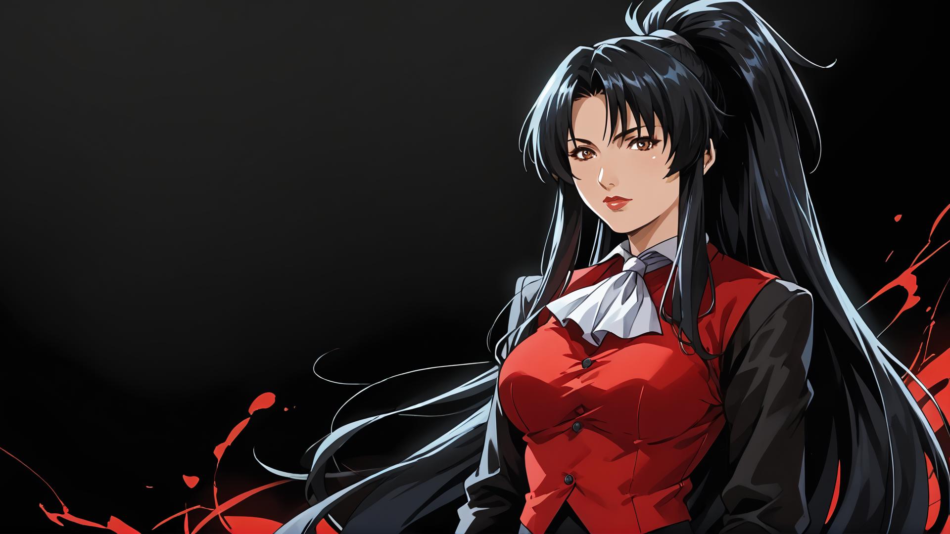 score_9, score_8_up, score_7_up, score_6_up, score_5_up, masterpiece, best quality, sharp_details, game_cg, digital art,,
MasakiKyoumoto,1girl,black hair,high ponytail,very long hair,brown eyes,red_lips_, large breasts,
skirt_suit,black jacket,red vest,ascot,long_sleeves,
solo, glow, abstract background, 
 <lora:UW_MasakiKyoumotoXLpony001:0.8>