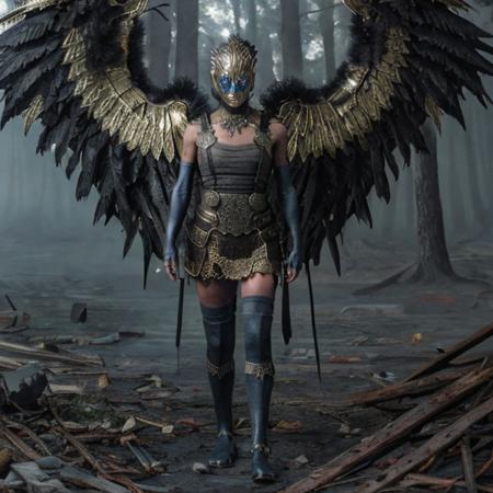 masterpiece, Highest Quality, photorealistic, SFW, solo,  1girl, Queen Gna, mask, armored tank top, large golden wings, Valkyrie, full body, glowing blue eyes, blue tattoos, blue body marks, thigh highs, highly detailed face, in destroyed forest,