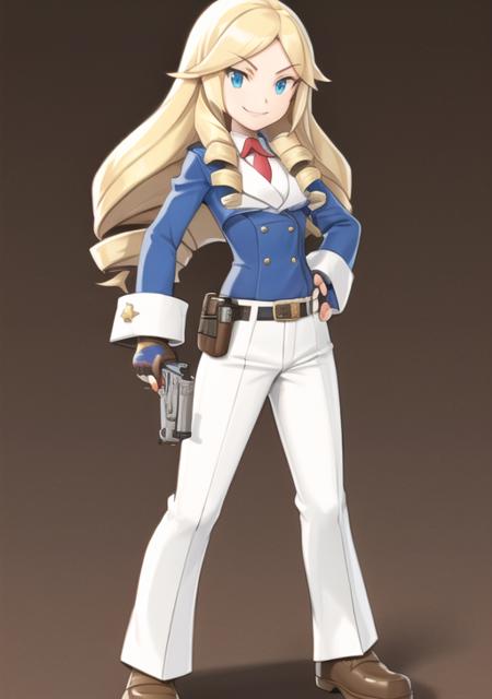 <lyco:RangerChar-08:0.7> 1girl, solo, long hair, smile, blue eyes, blonde hair, simple background, gloves, long sleeves, white background, standing, full body, weapon, shoes, belt, pants, fingerless gloves, hand on hip, gun, brown footwear, drill hair, brown gloves, white pants, holster