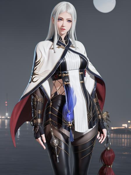 <lora:yongjiewujian jiyingying_20230712225712:0.75>,1girl,mature female, thighhighs, boots, looking at viewer, thigh boots, tassel, capelet, long sleeves, pantyhose, blue eyes, white hair, cityscape, night, cape,arms behind back,