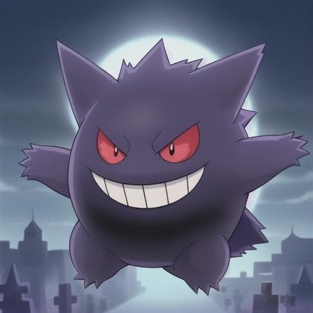 pokemon, gengar, ghost, poison, quadrupedal, creature, purple fur, (round body:1.2), short legs, toothy grin, (pointed ears:0.9), small teeth, upper jaw, fang-like, lower jaw, red eyes, yellow pupils, short tail, levitate, float, silently, ghost-type, versatile, wild, lurk, dark, abandoned places, graveyards, mischievous, shadows, appearance, fears, desires, manipulate, powerful, mysterious, unique abilities, mischievous personality, formidable, levitate, hide, shadows, attacks  <lora:Pokemon Gengar:0.65>