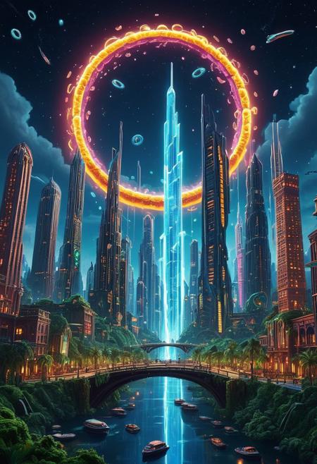 Digital painting style, brushstrokes, A breathtaking futuristic city blending advanced technology with mystical fantasy elements. Towering skyscrapers made of glowing crystal and sleek metal rise into the sky, connected by shimmering energy bridges. Floating islands hover above, adorned with lush greenery and cascading waterfalls. Neon-lit streets pulse with vibrant holographic signs, and futuristic airships glide through the sky. In the distance, a massive celestial ring orbits the city, radiating an ethereal glow. The city is bathed in a mix of warm golden light and cool blue neon hues, creating a perfect balance of magic and technology., made of fruit loops, sfw