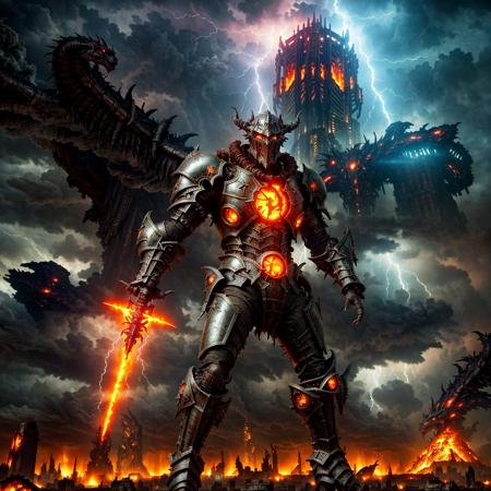 apocalyptic wasteland, colossal dragon, fiery wings, shattered skyscrapers, raging inferno, battle-worn knight, futuristic armor, lightning storm, swirling vortex, otherworldly creatures, glowing runes, ancient ruins, crimson moon, dark magic, ethereal light, chaos, destruction