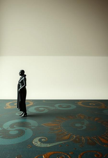 Ethereal spiritual vibe, cast bronze surface with antique patina finish, surreal minimalism, bold flat colors, dreamlike abstraction, enigmatic figures, subtle contrasts, muted color palettes, simplified forms, negative space composition, light aura, mystical feeling.