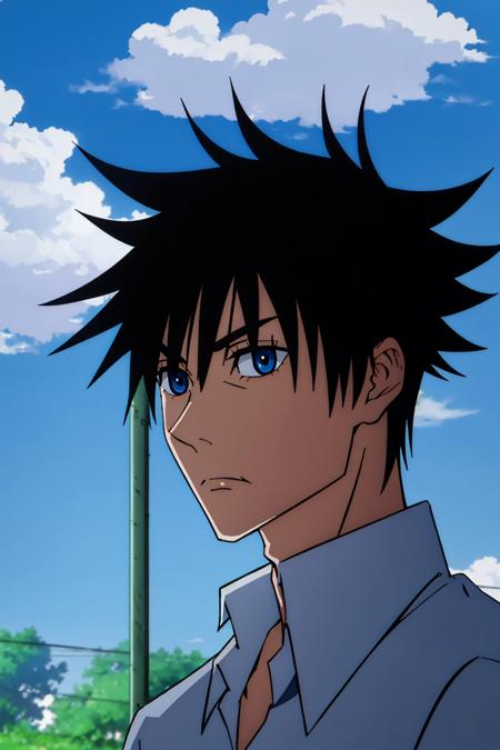 (masterpiece, best quality, ultra-detailed),jujutsu kaisen style solo, looking at viewer, short hair, bangs, blue eyes, shirt, black hair, 1boy, hair between eyes, closed mouth, white shirt, male focus, outdoors, sky, day, collared shirt, cloud, blurry, tree, blue sky, parody, spiked hair, fence, fushiguro megumi <lora:jujutsukaisen_v1-000010:1>