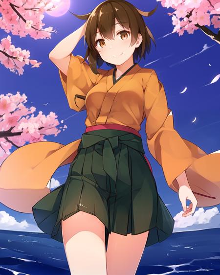 masterpiece, (best quality:1.4), best illustration, best shadow, (beautiful detailed:1.4), finely detailed, (dramatic light:0.9), HDR, ray-tracing, intricate details, cherry blossoms, sakura tree, (floating sakura), blue sky, white cloud, 1girl, solo, BREAK, (hiryuu:1.22) from kantai collection, cowboy shot, smile, short hair, (one side up), medium breasts, (wind:1), hakama short skirt, green hakama skirt, miniskirt, orange kimono, hand on own head, perspective, brown hair, brown eyes, finely detailed iris,