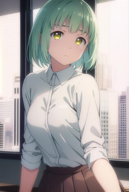 yukikusakabe, <lora:yuki kusakabe s1-lora-nochekaiser:1>,
yuki kusakabe, short hair, (yellow eyes:1.2), green hair,
BREAK skirt, shirt, school uniform, white shirt, pleated skirt, brown skirt,
BREAK indoors, classroom,
BREAK looking at viewer,
BREAK <lyco:GoodHands-beta2:1>, (masterpiece:1.2), best quality, high resolution, unity 8k wallpaper, (illustration:0.8), (beautiful detailed eyes:1.6), extremely detailed face, perfect lighting, extremely detailed CG, (perfect hands, perfect anatomy),