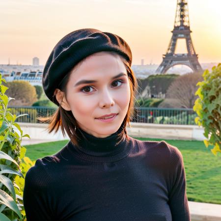 <lora:l30nam1a:1> very detailed, highest quality,cinematographic,film grain,sunset, l30nam1a a woman in a turtle neck, with a black french beret with short hair (bob) in a garden overlooking the eiffel tower