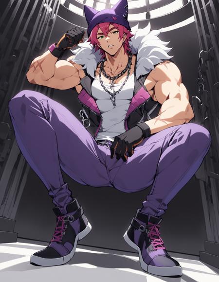 1boy, hrstlxks style, solo, looking at viewer, short hair, shirt, gloves, hat, jewelry, green eyes, jacket, full body, white shirt, pink hair, male focus, red hair, parted lips, open clothes, shoes, sleeveless, black gloves, pants, hood, necklace, open jacket, fur trim, muscular, chain, scar, dark-skinned male, thick eyebrows, tank top, pectorals, muscular male, bara, scar on face, zipper, purple headwear, one knee, animal hat, biceps, sleeveless jacket, purple pants, chain necklace, striped background, indoors, cinematic angle, masterpiece, best quality , <lora:HeartsteelSDXL:0.8>