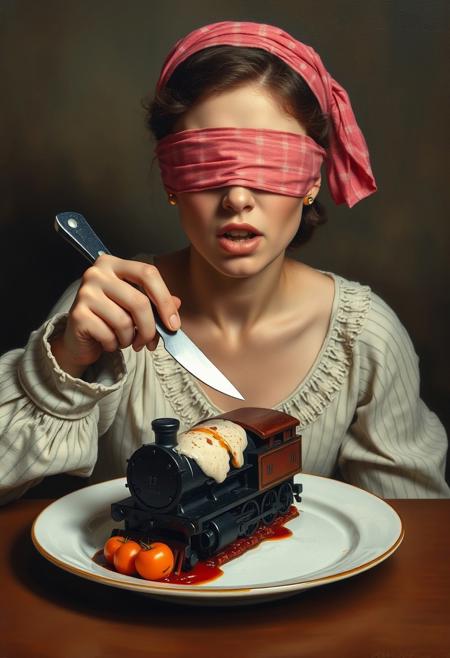 blindfolded woman is eating train model that is on a dish with folk and knife, in oil paintings, from front,