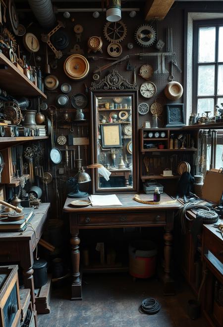 The exact function of most of the tools in this shop are indecipherable. 
Various workbenches are littered with exotic odds and ends, each containing
far-too-many hinges, lenses, cogs and levers, and each apparently useless, to
the trained eye.  At the center of the room sits an ordinary wooden desk and a
full-length mirror.  Upon the desk, some ink and quills stand ready, beside a
stack of fine parchment and a strand of measuring tape.